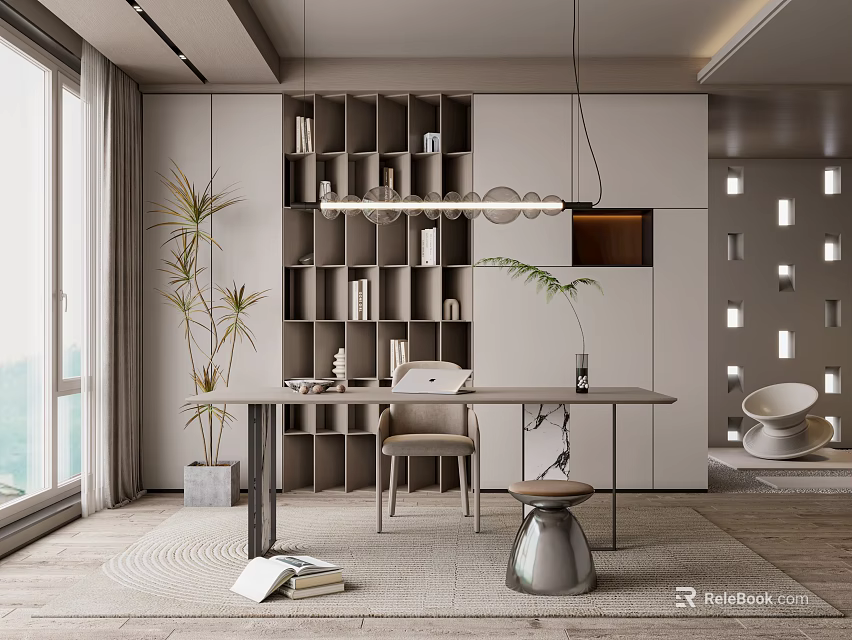 Modern Study Room Interior Design With Open Shelves Writing Desk Chair And Potted Plant 3d model 