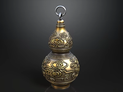 Brass Gourd Shaped Ornament Decor Set With Intricate Cloud Patterns And Metal Ring 3d model