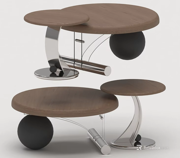 Modern Stylish Sofa Coffee Table Combination With Wooden Top And Polished Stainless Steel Frame 3d model 