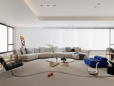 Modern Living and Dining Room Interior Design With Large Windows Blinds And Comfortable Sofa 3d model