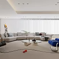 Modern Living and Dining Room Interior Design With Large Windows Blinds And Comfortable Sofa