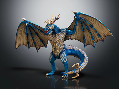 Blue Dragon Fantasy Character With Scaled Wings Horned Head And Mythical Creature Design 3d model