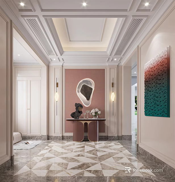 Elegant Modern Foyer Hallway Design With Decorative Mirror Console Table Wall Sconces And Artwork 3d model 
