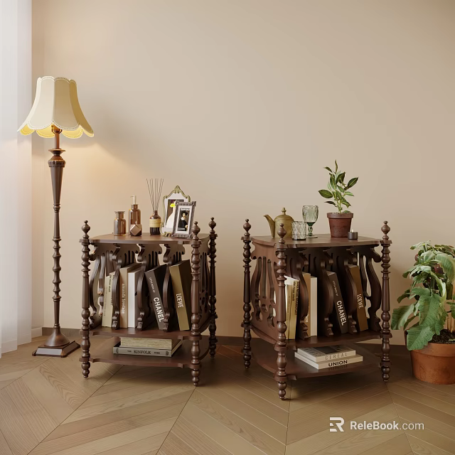Carved Dark Wood Side Tables With Books Photo Frame Vase And Decorative Plants For Living Room 3d model 