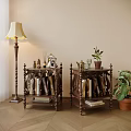 Carved Dark Wood Side Tables With Books Photo Frame Vase And Decorative Plants For Living Room