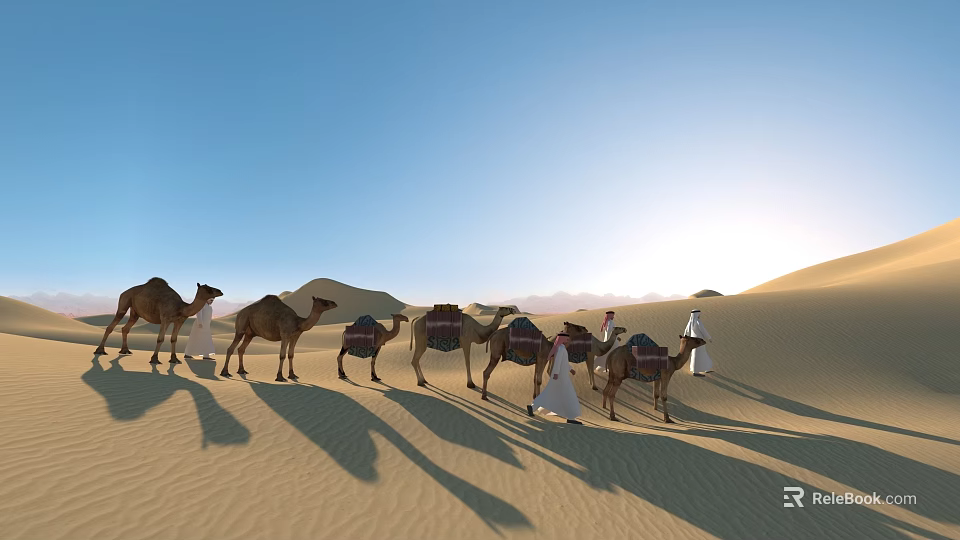 Desert Landscape With Camel Caravan And Local Guide Under Blue Sky At Sunset 3d model 