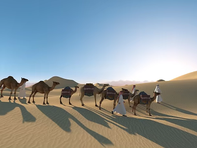 Desert Landscape With Camel Caravan And Local Guide Under Blue Sky At Sunset 3d model