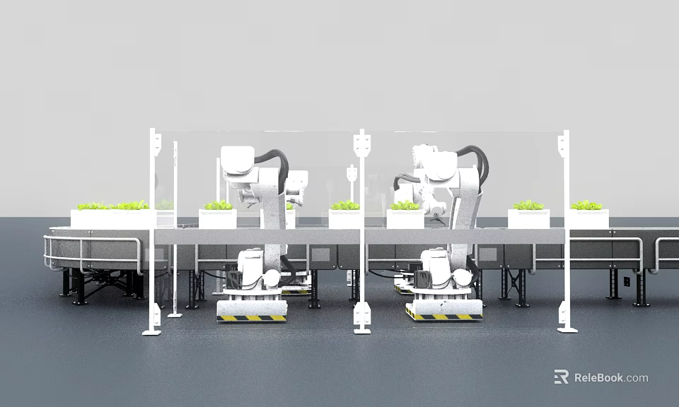 Industrial Robots Operating On Automated Production Workbench With Safety Barriers And Green Plants 3d model 