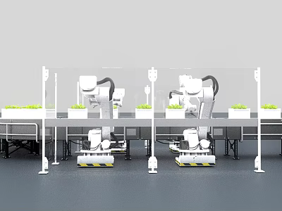 Industrial Robots Operating On Automated Production Workbench With Safety Barriers And Green Plants 3d model