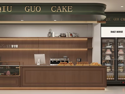 Elegant Dessert Shop Interior With Wooden Counter Display Cases Coffee Machine And Fresh Desserts 3d model