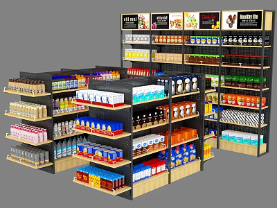 Retail Display Shelves Neatly Stocked With Various Products On Multiple Tiers 3d model