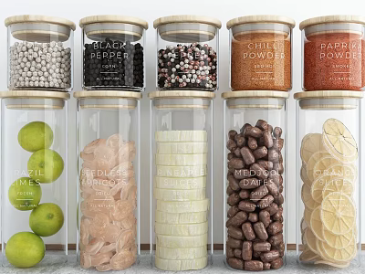 Transparent Glass Spice Jars With Wooden Lids And Various Spices 3d model
