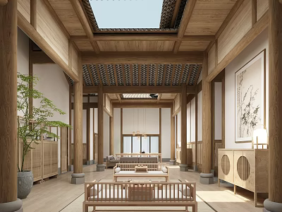 Hotel Lobby With Chinese Style Wooden Structure Skylight And Traditional Furniture 3d model
