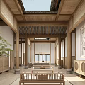 Hotel Lobby With Chinese Style Wooden Structure Skylight And Traditional Furniture