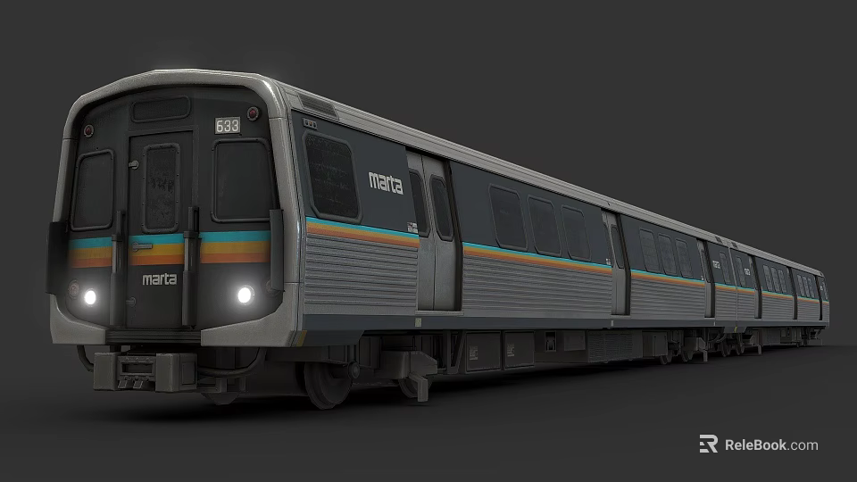 Metro Train With Gray Body Colorful Stripes Front Headlights And Multiple Carriages 3d model 