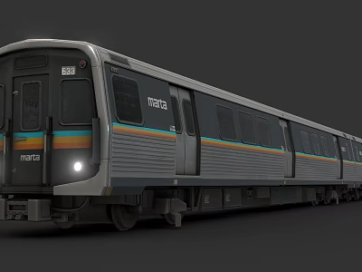 Metro Train With Gray Body Colorful Stripes Front Headlights And Multiple Carriages 3d model