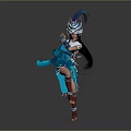 Female Character In Traditional Blue Attire With Feathered Headdress And Dynamic Dance Pose