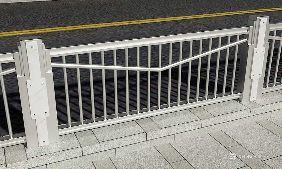 Roadside Steel Guardrail With Vertical Bars Design Installed Along Road And Sidewalk 3d model 
