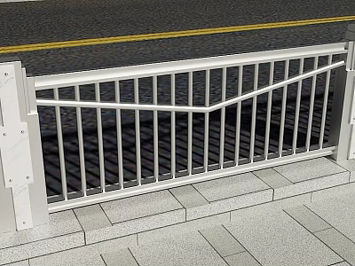 Roadside Steel Guardrail With Vertical Bars Design Installed Along Road And Sidewalk 3d model