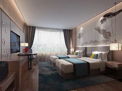 Modern Hotel Room Interior With Twin Beds Flat Screen TV And Decorative Wall Art 3d model