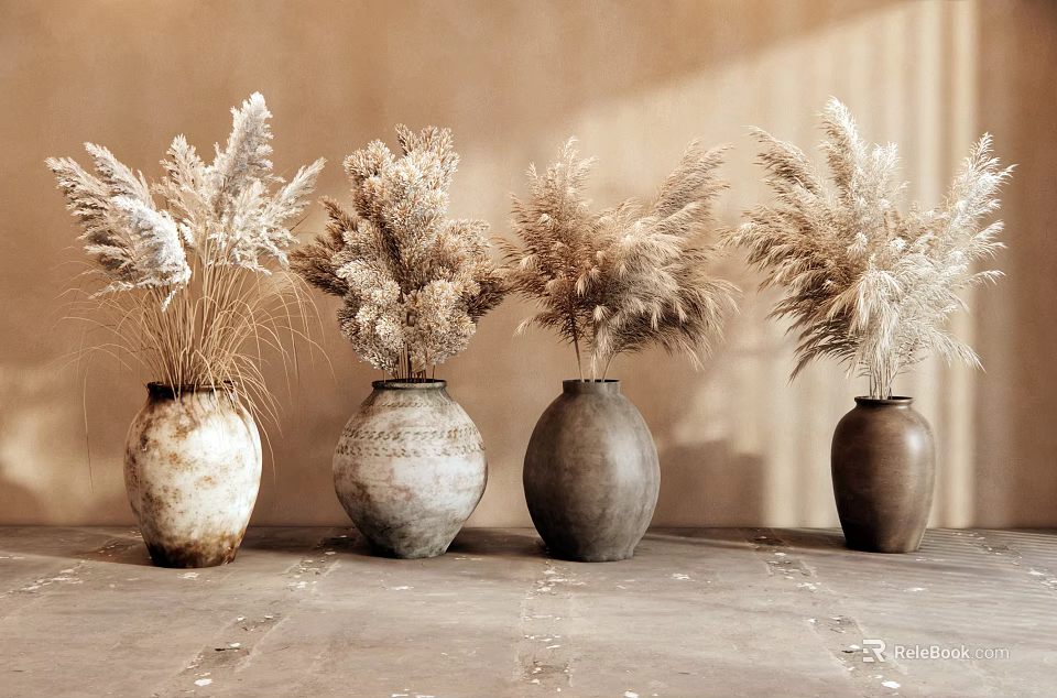 Four Ceramic Vases With Dried Pampas Grass On Textured Surface Against Beige Wall 3d model 