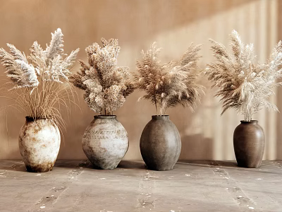Four Ceramic Vases With Dried Pampas Grass On Textured Surface Against Beige Wall 3d model
