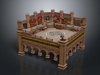 European style Architecture Interior With Multi level Platform Columns Arches And Circular Floor Pattern 3d model