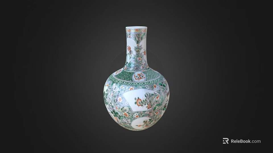 Traditional Chinese Porcelain Vase With Colorful Floral Patterns Green White Design 3d model 