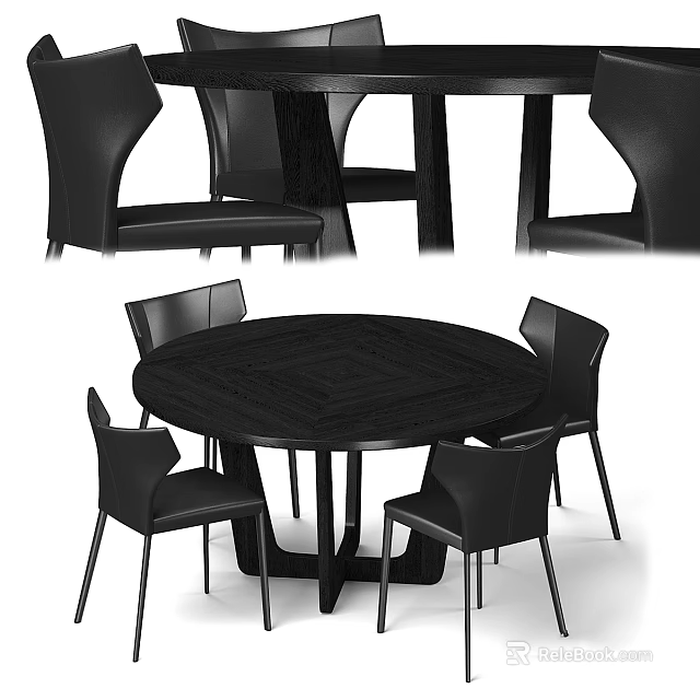 Modern Round Black Dining Table With Stylish Leather Chairs For Dining Room 3d model