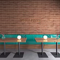 Warehouse Restaurant Dining Area With Green Plant Wall Brick Wall Wooden Tables And Green Chairs
