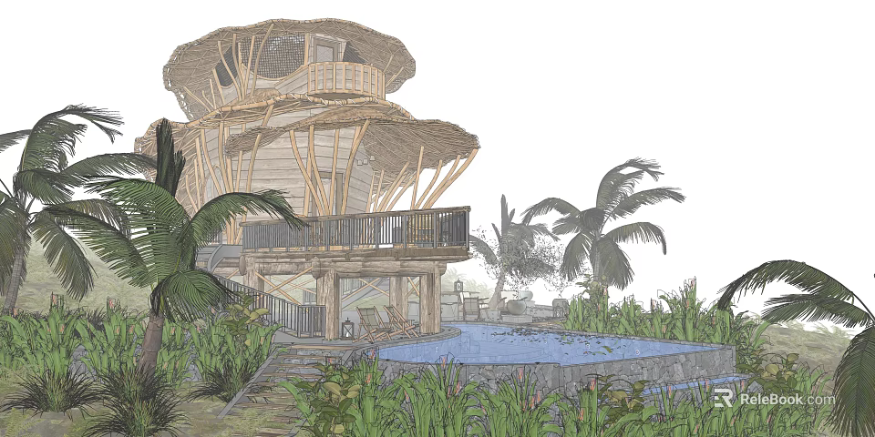 Tropical Multi Level Detached Villa With Wooden Structure And Swimming Pool Near Palm Trees 3d model 