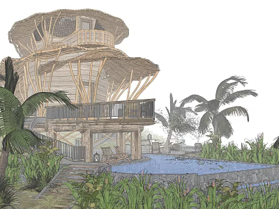 Tropical Multi Level Detached Villa With Wooden Structure And Swimming Pool Near Palm Trees 3d model