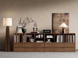 Quiet Ancient Bookcase Antique Bookcase Low Cabinet Floor Lamp Books Dried Branches Ornaments 3d model