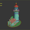 Scenic Green Lighthouse with Red Roof and Small House on Green Base Landscape