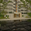 Modern High-Rise Building Entrance Gate With Glass Door Lighting Front Pool Stone Pathway And Greenery