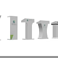 Multiple White Functional Podiums Featuring Green Logo And Text Design Elements 3d model