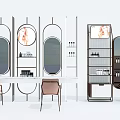 Modern Dressing Table Vanity With Oval Mirrors Wooden Chairs And Cosmetic Shelves