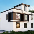 Modern Detached Villa Exterior With Large Windows Glass Balcony And Poolside Lanterns
