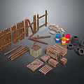 Scenic Rustic Rural Landscape With Wooden Fences Firewood Logs Barrels Crates And Tires