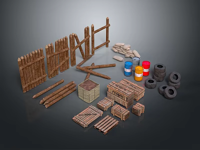Scenic Rustic Rural Landscape With Wooden Fences Firewood Logs Barrels Crates And Tires 3d model