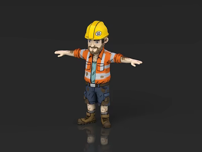Man in Yellow Hard Hat Orange Reflective Vest Blue Shorts Brown Boots Arms Outstretched 3d model