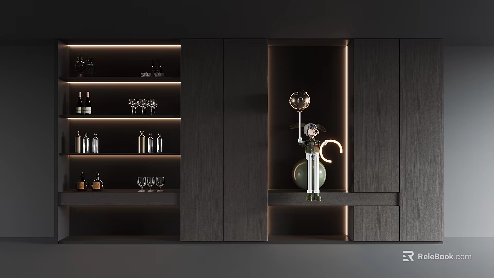 Elegant Modern Decorative Cabinet With Built in Lighting And Display Shelves For Wine Glasses Bottles 3d model 