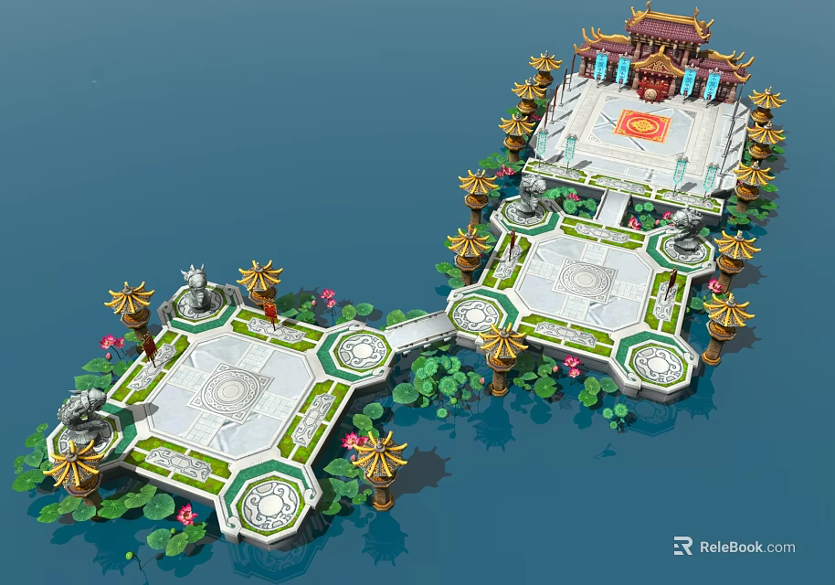 Cartoon Scenic Water Platforms With Lotus Flowers Golden Pillars And Traditional Pavilion 3d model 