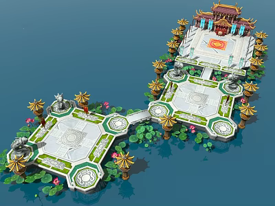 Cartoon Scenic Water Platforms With Lotus Flowers Golden Pillars And Traditional Pavilion 3d model