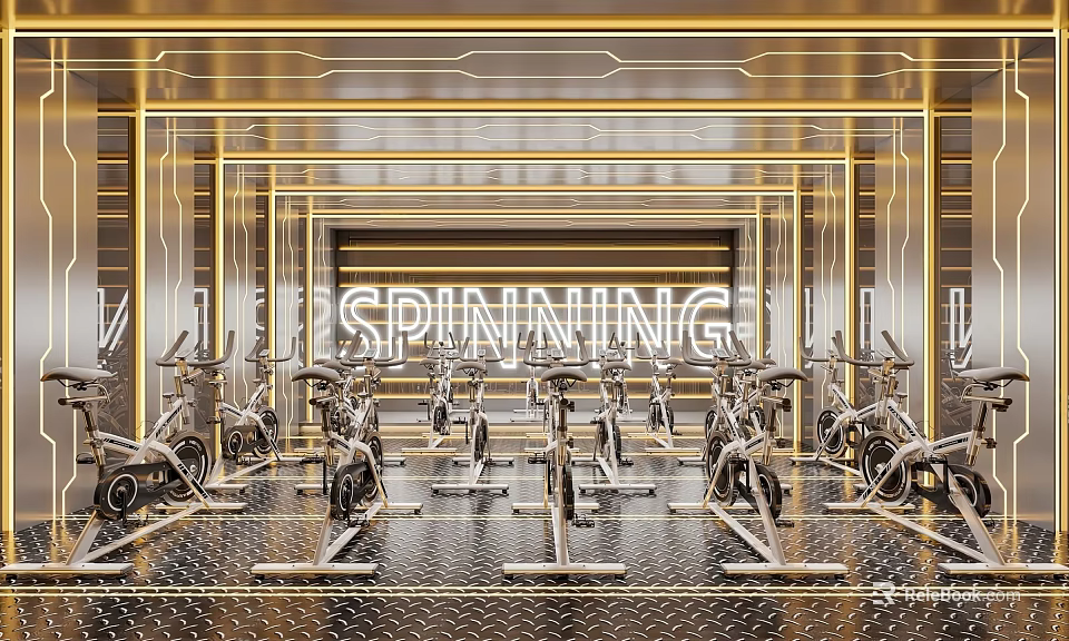 Spacious Fitness Studio With Spinning Bikes Modern Neon Lights And Metallic Design 3d model 