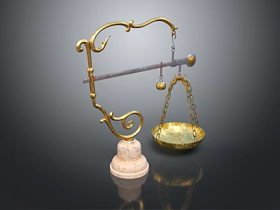 Ornate Golden Balance Scale With Decorative Brass Frame White Base And Hanging Tray 3d model