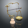 Ornate Golden Balance Scale With Decorative Brass Frame White Base And Hanging Tray