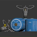Blue Cylinders With Metal Valve Components And Instruction Labels Displayed 3d model