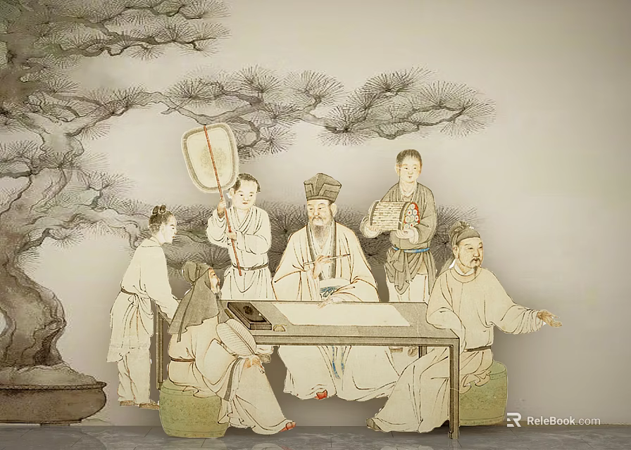 Traditional Chinese Figure Painting with Ancient Scholars Holding Fans Gathered Around Table and Pine Background 3d model 
