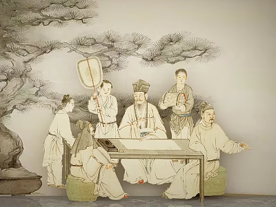 Traditional Chinese Figure Painting with Ancient Scholars Holding Fans Gathered Around Table and Pine Background 3d model